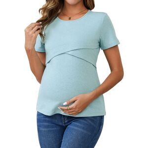 Ribbed Knit Short Sleeve Crossover Maternity Breastfeeding Top Blue